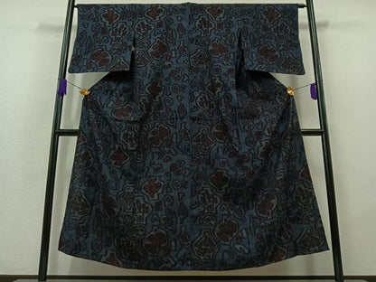 平和屋着物▽結城ちぢみ 単衣 幾何学文様 正絹 逸品 AABA9566jh