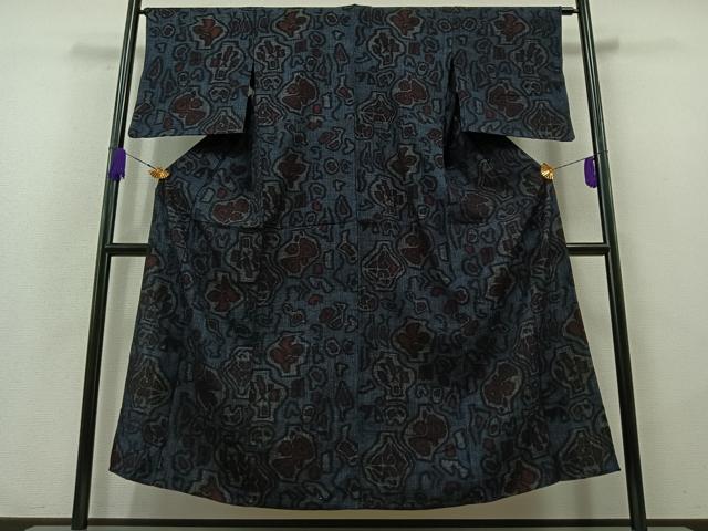 平和屋着物▽結城ちぢみ 単衣 幾何学文様 正絹 逸品 AABA9566jh