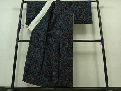 平和屋着物▽結城ちぢみ 単衣 幾何学文様 正絹 逸品 AABA9566jh