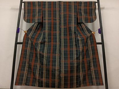 平和屋着物▽上質な紬 単衣 格子 正絹 逸品 AABA9574jh