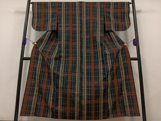 平和屋着物▽上質な紬 単衣 格子 正絹 逸品 AABA9574jh