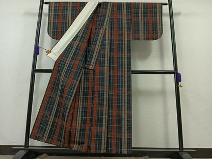 平和屋着物▽上質な紬 単衣 格子 正絹 逸品 AABA9574jh