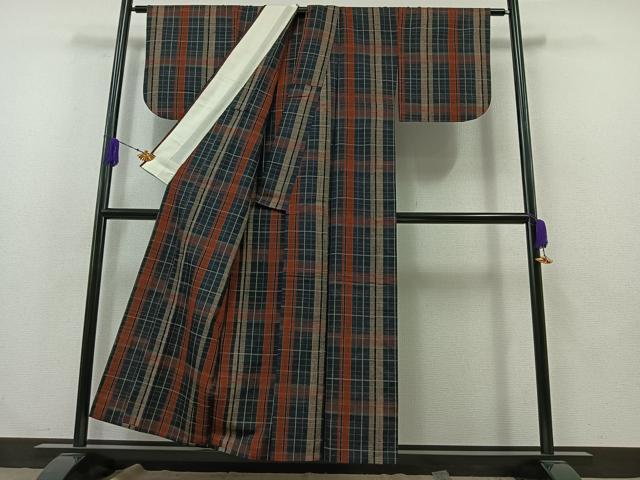 平和屋着物▽上質な紬 単衣 格子 正絹 逸品 AABA9574jh