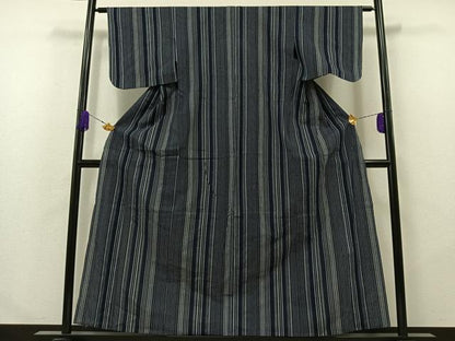 平和屋着物▽上質な紬 単衣 縞 正絹 逸品 AABA9575jh