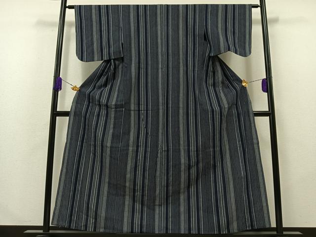 平和屋着物▽上質な紬 単衣 縞 正絹 逸品 AABA9575jh