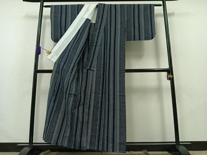 平和屋着物▽上質な紬 単衣 縞 正絹 逸品 AABA9575jh