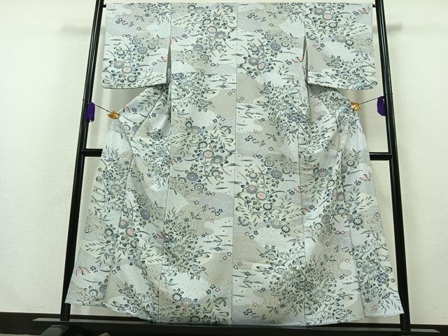 平和屋着物▽上質な小紋 単衣 更紗花鳥文 鬼しぼ縮緬 正絹 逸品 AABA9576jh
