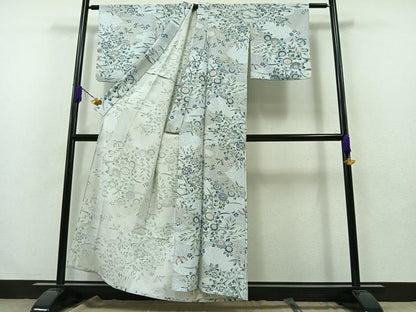 平和屋着物▽上質な小紋 単衣 更紗花鳥文 鬼しぼ縮緬 正絹 逸品 AABA9576jh