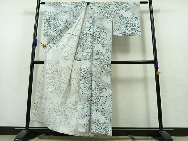 平和屋着物▽上質な小紋 単衣 更紗花鳥文 鬼しぼ縮緬 正絹 逸品 AABA9576jh