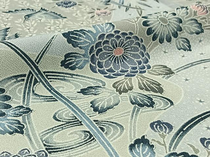 平和屋着物▽上質な小紋 単衣 更紗花鳥文 鬼しぼ縮緬 正絹 逸品 AABA9576jh