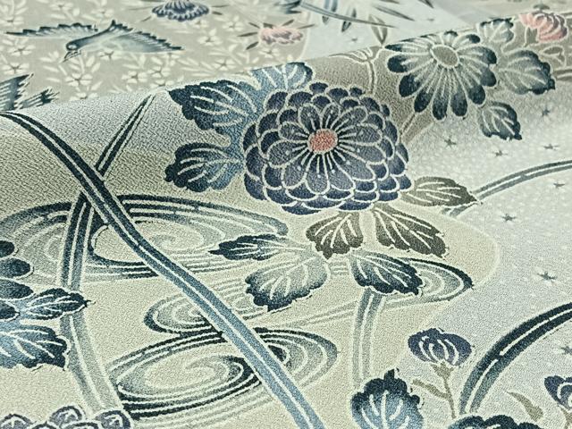 平和屋着物▽上質な小紋 単衣 更紗花鳥文 鬼しぼ縮緬 正絹 逸品 AABA9576jh