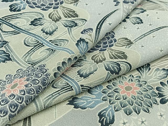 平和屋着物▽上質な小紋 単衣 更紗花鳥文 鬼しぼ縮緬 正絹 逸品 AABA9576jh
