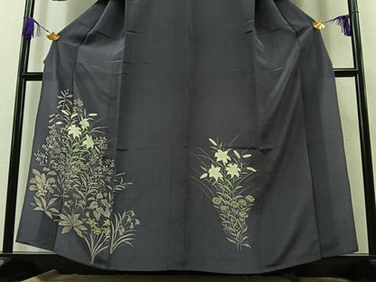 平和屋着物▽訪問着 単衣 手描き 草花文 鬼しぼ縮緬 正絹 逸品 AABA9578jh