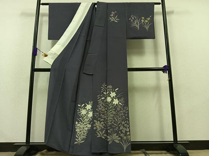 平和屋着物▽訪問着 単衣 手描き 草花文 鬼しぼ縮緬 正絹 逸品 AABA9578jh