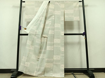 平和屋着物▽本塩沢 単衣 110亀甲 横段文 正絹 逸品 AABA9580jh