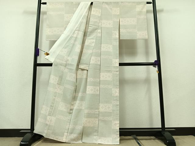 平和屋着物▽本塩沢 単衣 110亀甲 横段文 正絹 逸品 AABA9580jh
