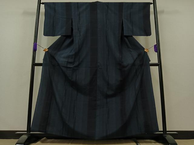 平和屋着物▽本塩沢 単衣 180亀甲 縞 正絹 逸品 AABA9581jh