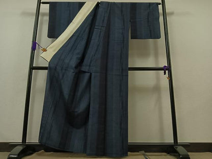 平和屋着物▽本塩沢 単衣 180亀甲 縞 正絹 逸品 AABA9581jh