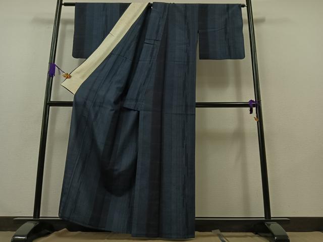 平和屋着物▽本塩沢 単衣 180亀甲 縞 正絹 逸品 AABA9581jh