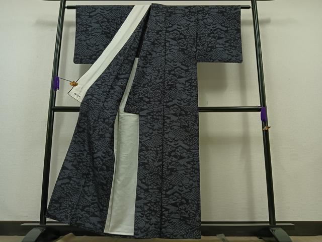 平和屋着物▽結城紬 単衣 100亀甲 風景花文 正絹 逸品 AABA9583jh