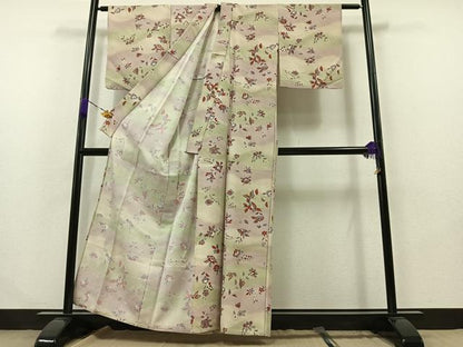 平和屋着物▽上質な小紋 単衣 花蝶文 暈し染め 金彩 正絹 逸品 AABA9584jh