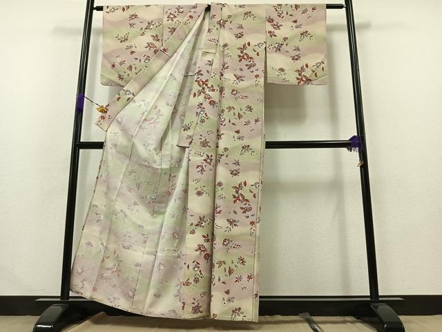 平和屋着物▽上質な小紋 単衣 花蝶文 暈し染め 金彩 正絹 逸品 AABA9584jh