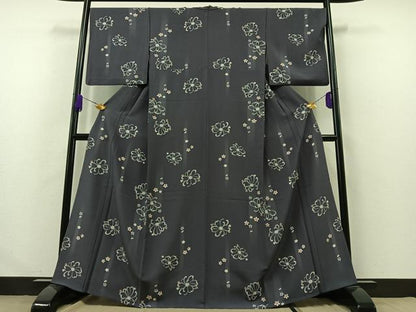 平和屋着物▽上質な小紋 単衣 舞花文 鬼しぼ縮緬 正絹 逸品 AABA9589jh