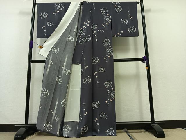 平和屋着物▽上質な小紋 単衣 舞花文 鬼しぼ縮緬 正絹 逸品 AABA9589jh