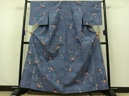 平和屋着物▽上質な紬 単衣 草花文 正絹 逸品 AABA9594jh