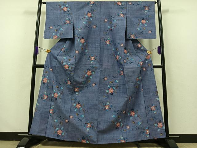 平和屋着物▽上質な紬 単衣 草花文 正絹 逸品 AABA9594jh