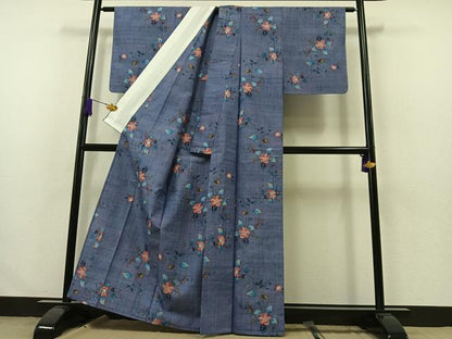 平和屋着物▽上質な紬 単衣 草花文 正絹 逸品 AABA9594jh