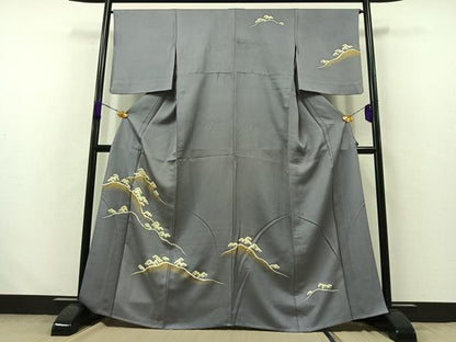 平和屋着物▽訪問着 単衣 駒刺繍 風景文 金糸 金彩 正絹 逸品 AABA9598jh