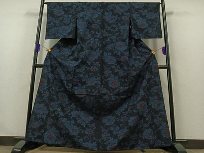 平和屋着物▽上質な紬 単衣 草花文 正絹 逸品 AABA9599jh