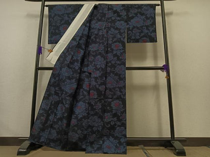 平和屋着物▽上質な紬 単衣 草花文 正絹 逸品 AABA9599jh