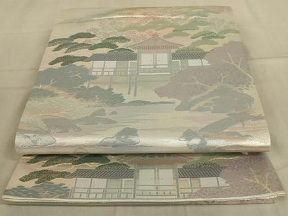 平和屋着物◎六通柄袋帯　風景文　銀糸　正絹　逸品　AABA9613ou