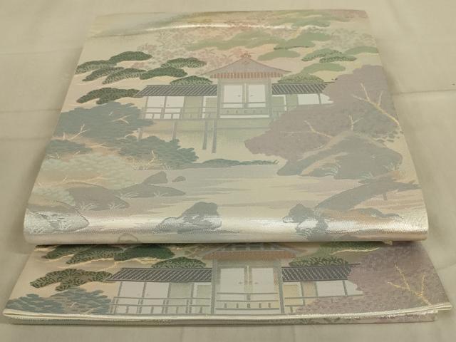 平和屋着物◎六通柄袋帯　風景文　銀糸　正絹　逸品　AABA9613ou