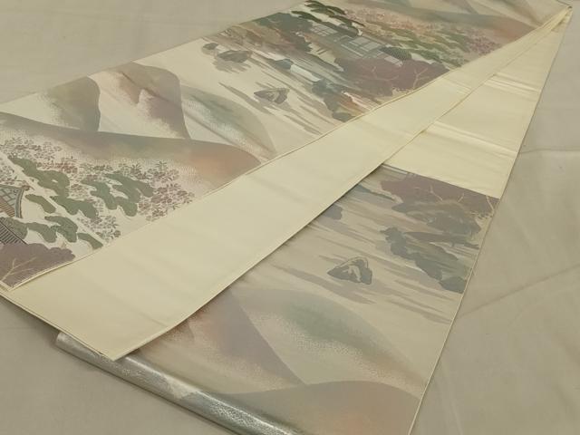 平和屋着物◎六通柄袋帯　風景文　銀糸　正絹　逸品　AABA9613ou