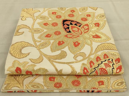 平和屋着物◎六通柄袋帯 更紗花文 金糸 正絹 逸品 AABA9617ou