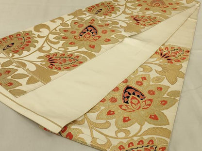 平和屋着物◎六通柄袋帯 更紗花文 金糸 正絹 逸品 AABA9617ou
