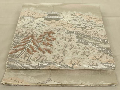 平和屋着物◎六通柄袋帯　風景文　プラチナ二重箔　正絹　逸品　AABA9621ou