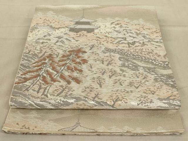 平和屋着物◎六通柄袋帯　風景文　プラチナ二重箔　正絹　逸品　AABA9621ou