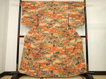平和屋着物●上質な小紋　型染め　吉祥花文　松　正絹　逸品　未使用　AABA9772ck