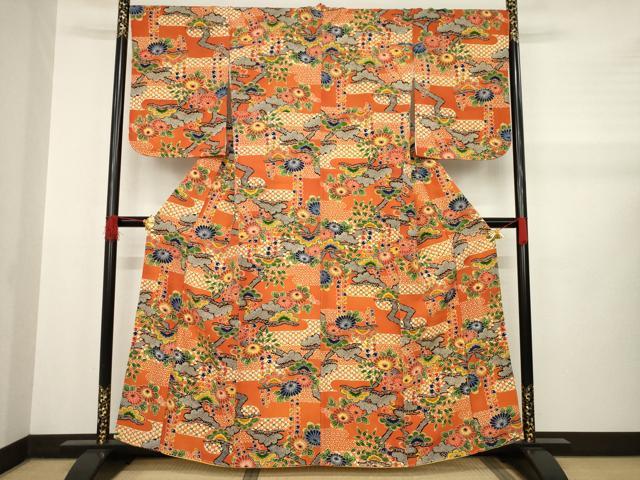 平和屋着物●上質な小紋　型染め　吉祥花文　松　正絹　逸品　未使用　AABA9772ck