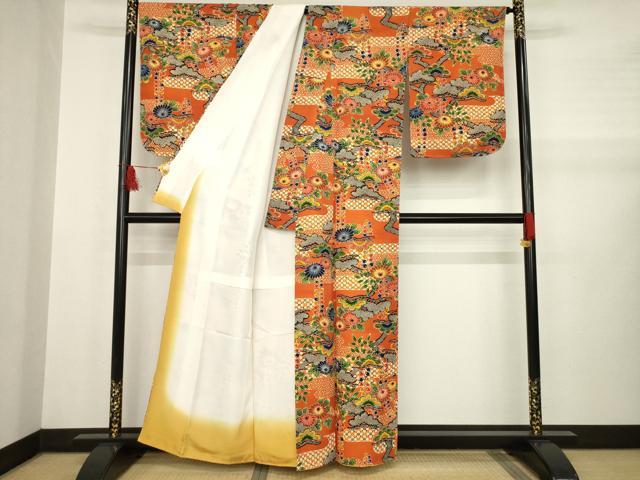 平和屋着物●上質な小紋　型染め　吉祥花文　松　正絹　逸品　未使用　AABA9772ck