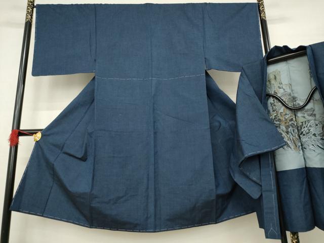 平和屋着物●男性 紬 アンサンブル 色無地 青褐色 正絹 逸品 未使用 AABA9776ck