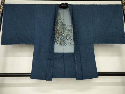 平和屋着物●男性 紬 アンサンブル 色無地 青褐色 正絹 逸品 未使用 AABA9776ck