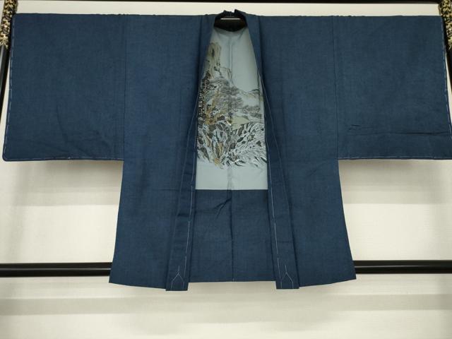 平和屋着物●男性 紬 アンサンブル 色無地 青褐色 正絹 逸品 未使用 AABA9776ck