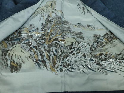 平和屋着物●男性 紬 アンサンブル 色無地 青褐色 正絹 逸品 未使用 AABA9776ck