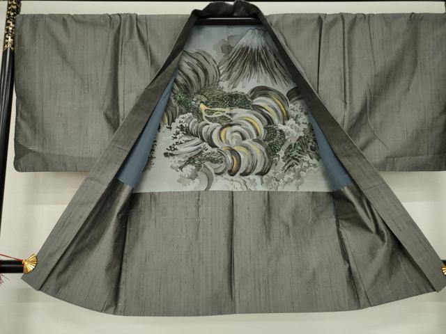 平和屋着物○男性 紬 アンサンブル 色無地 煤色 正絹 逸品 AABE4454ck