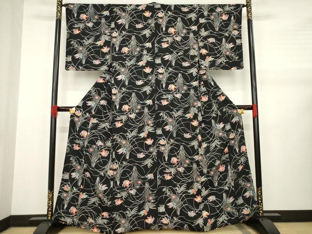 平和屋着物●上質な小紋 型染め 花蝶文 正絹 逸品 AABA9792ck